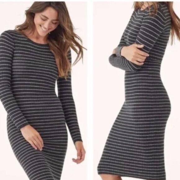 New Splendid Kinsley Grey Striped Ribbed Sweater Midi Dress - Picture 1 of 6